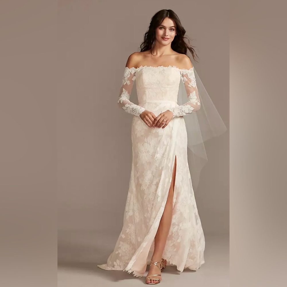 Melissa Sweet lace off the shoulder wedding gown with train and high slit